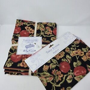 NEW April Cornell Apple Blossom Tablecloth 60" X 120" & Table Runner 72" Blk Red